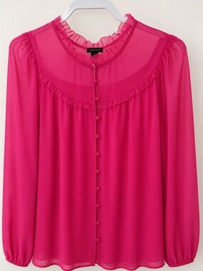 Ann Taylor Sheer Ruffle-Trim Button-Front Blouse - Hot Pink